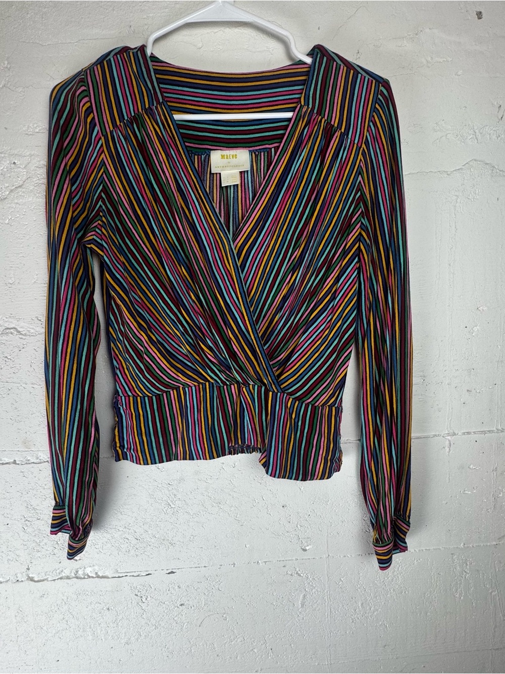 Maeve wrap Cross Striped Surplice Long Sleeve Top Multicolor Smock Crop Size 4